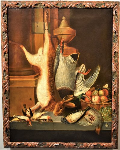 "Still life of game with fruit basket"